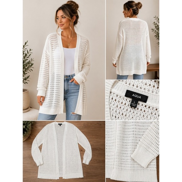 Aqua Sweaters - AQUA White Open Knit Long Cardigan Women's L Cotton Blend Coastal Minimalist